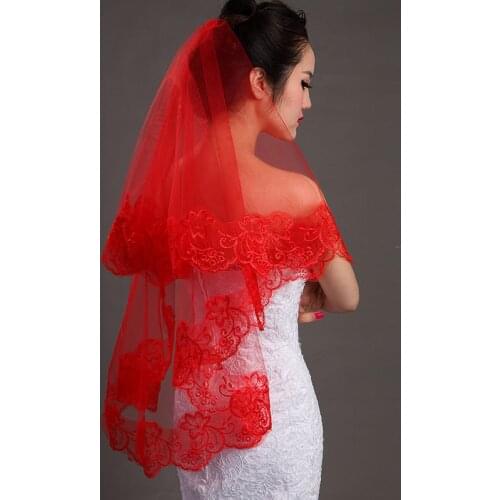 One Layer Red Lace Edge Appliques Wedding Veil Voile Mariage Wedding Accessories