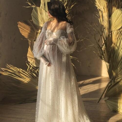 Full Pearls Maternity Dress For Photo Shoot Front Slit Pregnancy Long Women Dresses For Photography Baby Shower Maternity Gowns