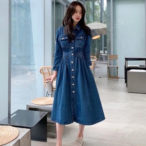 Elegant Full Sleeve A-line Denim Dresses For Women Autumn Elastic Waist Female Jeans Dress 2021 Fashion Vestidos Femme