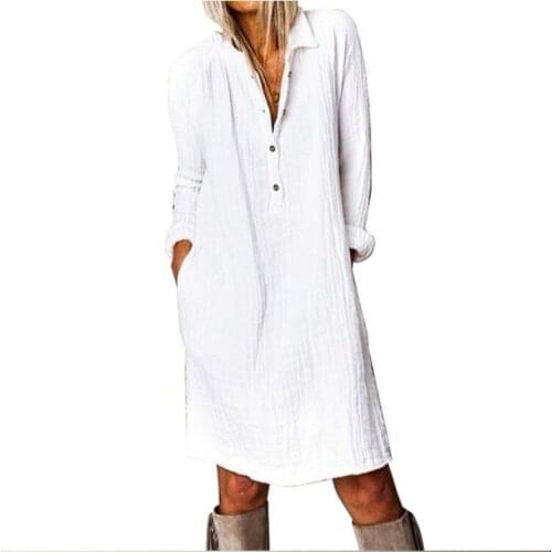 Dresses For Women Casual Fashion Loose Solid Color Straight White Dress Cotton Linen Lapel Shirt Midi Dress Vestidos De Mujer