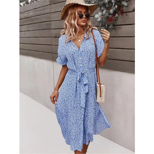 Floral Dress Women Casual Print Dress V-Neck Midi Dresses Female Short Sleeve Button Loosed Dress Summer Holiday Beach Vestidos