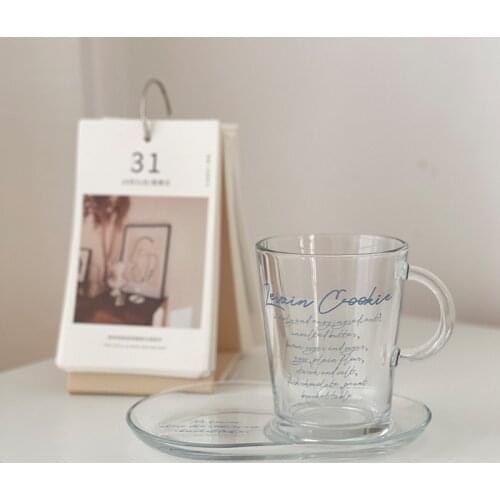 Retro Blue Letter Cup 380ML Coffee Cup & Saucer Set Korean Glass Round кружка Intolerant Of High Temperature Tazas De Café