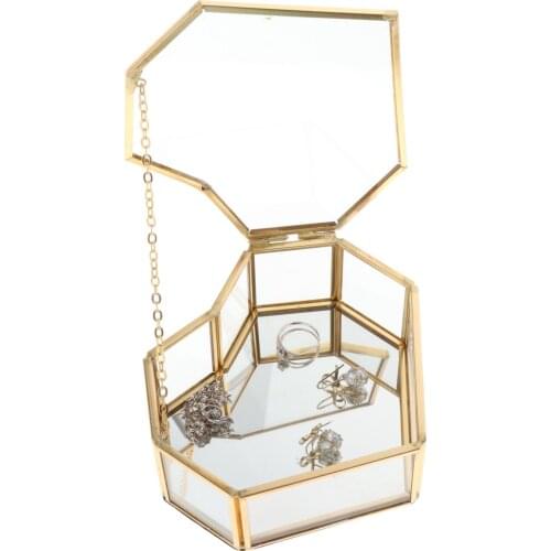 Jewelry Glass Box, Heart-sahped Clear Glass & Brass-Tone Lided Tabletop Display