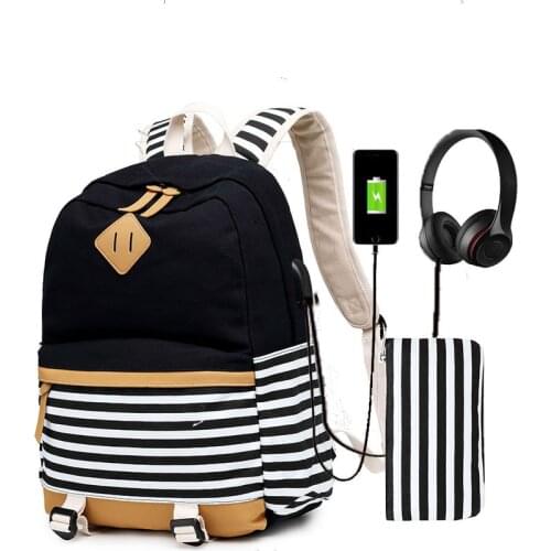 Winmax Canvas School Backpack Set 2 Vintage Naval Stripe Trend Bag USB Charge Travel Rucksack for Teenagers Sac A Dos 44cm Black