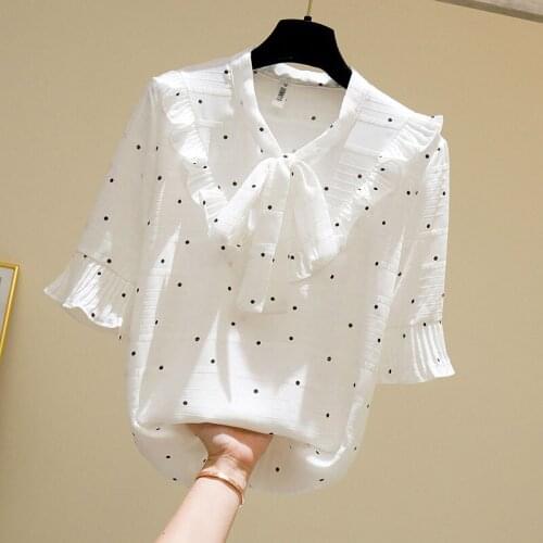 Shirt Women New Summer Chiffon Bow Wave point V-neck Shirts Tops Female Fashion casual White Blouse Shirts Lady Plus Size 5XL