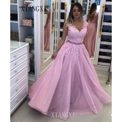 2020 Vestidos Pink Evening Dresses A-Line Embroidery Beaded Long Formal Evening Party Gowns Evening Dress abendkleider