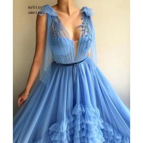 Luxury Blue Long Evening Cheap Dress 2020 Sexy Deep Tiered Bottom Tulle Formal Party Robe De Soiree With Belt Gowns For Women