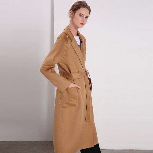 2020 Winter New Water Ripple Double-Faced Cashmere Coat For Womens Extended Lace-Up Waist Woolen Coat