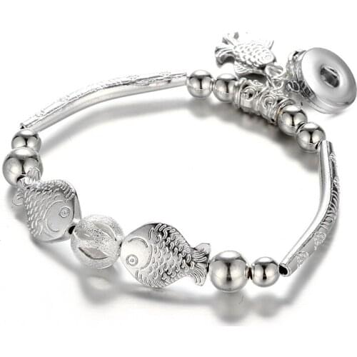 AB0072 Beauty Silver plated Fish Beads snap bracelet Elastic Fit 18mm snap buttons DIY snap jewelry charm wholesale