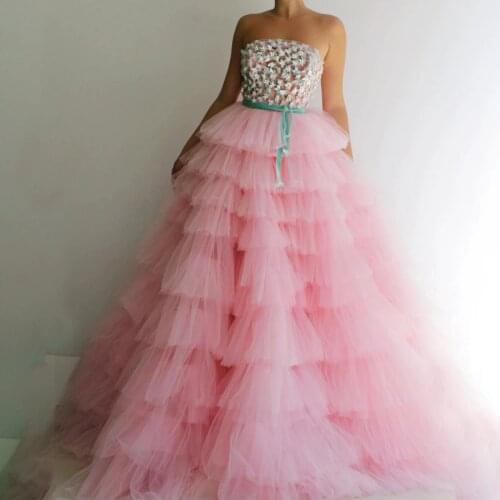Strapless Pink Tulle Layers Skirt Ball Gowns Prom Dress with 3D Flowers Empire Evening Gown with Belt