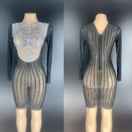 Shining Inlaid Diamonds Mesh Perspective Women Dresses Tight Stretch Shorrt Dresses Nightclub Singer Dancer Stage Show Outfit