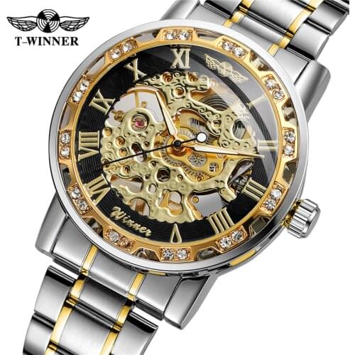 WINNER Top brand Luxury Diamond Luminous Gear Movement Men elegant Male steel clock Mechanical Skeleton Wrist watch