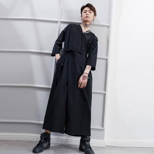 Black Siamese Pants Men Spring And Summer New Loose Cropped Teenagers Wide-leg Trousers Skirt Jumpsuit Fashion All-match Casual