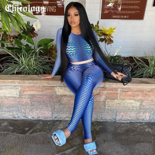 Chicology 2021 Women Autumn Summer 3 D Point Print Long Sleeve Stretchy Straight Pants Fashion Two 2 Pieces Suits Clothes