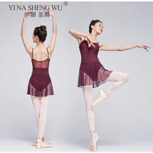 Elegant Women Adult Ballet Leotards Dance Dress Soft Mesh Camisole Dance Clothes Lace Skirted Leotard Camisole Ballet Costume