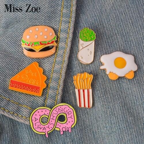 Fast food enamel pin Burrito Omelette Donut hamburger badge brooch Lapel pin Denim Jeans shirt bag Cartoon Jewelry Gift for Kids