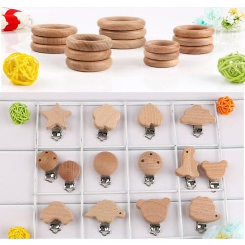Kovict 5Pcs Beech Cartoon Clip Wooden Ring Baby Pacifier Chain DIY Wooden Crafts Gift Toy Accessories