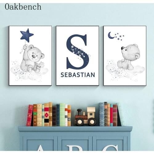 Nordic Posters Bear Canvas Painting Nursery Wall Art Print Personalized Custom Name Prints Star Moon Poster Kids Bedroom Decor