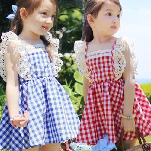 2019 new children dress girls can Ailei Si fly sleeve plaid collar princess doll sling Dress Size 100-140