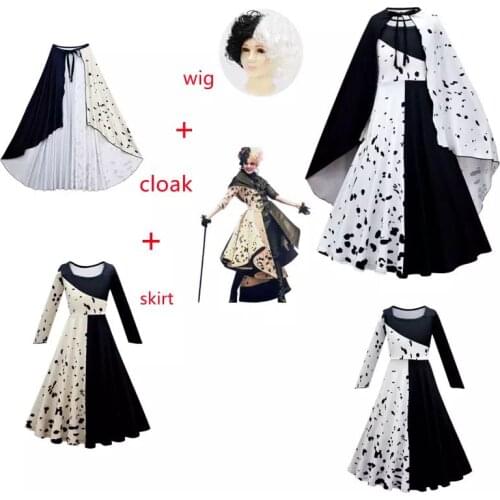 2021 New Movie Evil Madame Cruella De Vil Cosplay Costume Kids Gown Black White Maid Dress Halloween Party dress with cloak wig