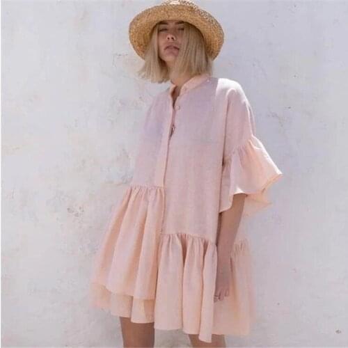 2021 new summer dress fashion solid color shirt-style stand-up collar lotus leaf sleeve irregular large size loose dress women