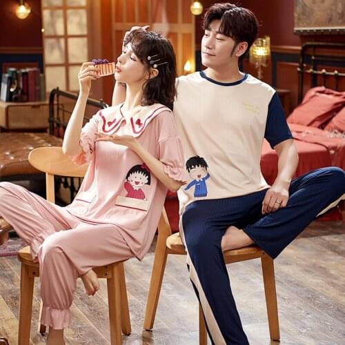Autumn couple pajamas short-sleeved trousers knitted cotton thin section cartoon cute ladies home service suits mens pajamas