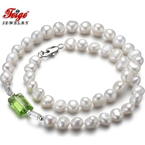 Natural Freshwater Pearl Choker Necklace for Women Party Jewelry Gift 7-8MM White Baroque Pearl Green Crystal Fine Jewelry FEIGE