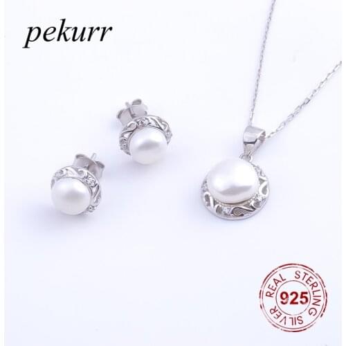 Pekurr 925 Sterling Silver Jewelry Sets White Pearl & Elegant Hollow Flower Pattern Edge Women Stud Earring Necklaces Pendants