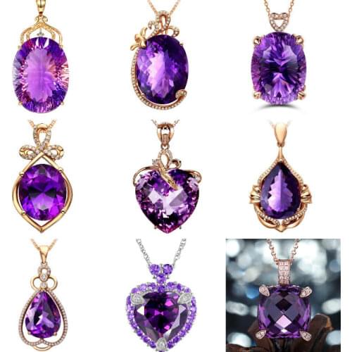 Luxury Vintage Rose Gold Filled Pendant Necklace For Women High Quality Purple Zircon Crystal Elegant Wedding Charm Necklace