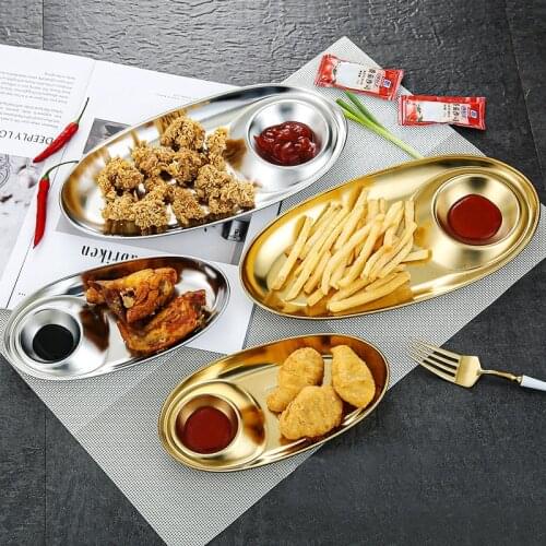 Grid plate 304 Stainless Steel Snack Plate Divided Grid Plate Oval Plate With Sauce Plate Western Fries Fried Chicken Plate