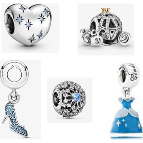 Blue Princess Dress Sparking Car Charm Fits Fashion Female Jewelry Bracelets For Woman DIY Beads 925 Sterling Silver Jewelry