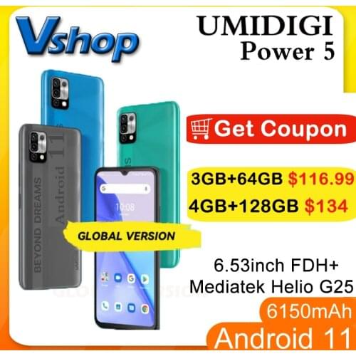 UMIDIGI Power 5 Android 11 Global Version Mobile Phone 3GB/4GB 64GB/128GB Helio G25 Smartphone 6150mAh 6.53'' Unlock Cellphone