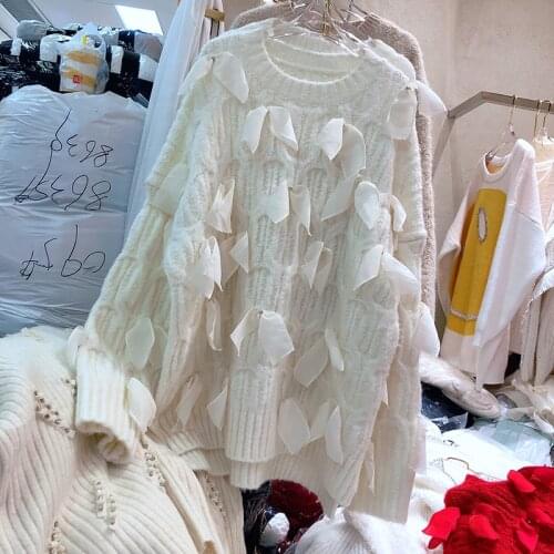 Sweater womens loose jacket fall winter bow pullover long sleeve lazy style net red fashion retro knit top 2021 New hot sale