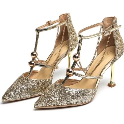 High Heeled Shoes Womens New Pointed Toe Crystal Thin Heel Sexy Wedding Shoes T-strap Chain Sequined Cloth Pumps Sandalias