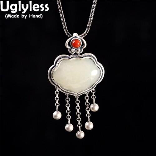 Uglyless Eastern Charming Silver Balls Tassels Pendants for Women Abstract Heart Jade Necklaces NO Chain 925 Silver Ethnic Jewel