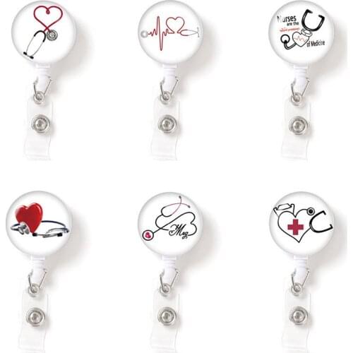 Retractable Nurse Badge Reel Clip Cute Love Heart Stethoscope Doctor Student IC ID Card Badge Holder
