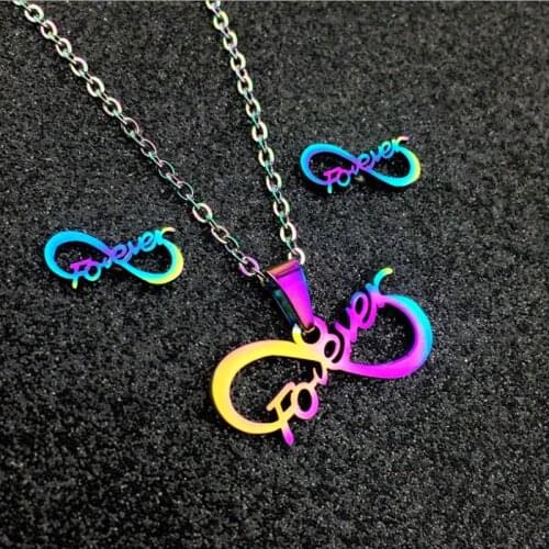 Yungqi Colorful Stainless Steel Letter Jewelry Sets for Women Wedding Infinity Pendants Necklaces Stud Earrings Jewellery Set