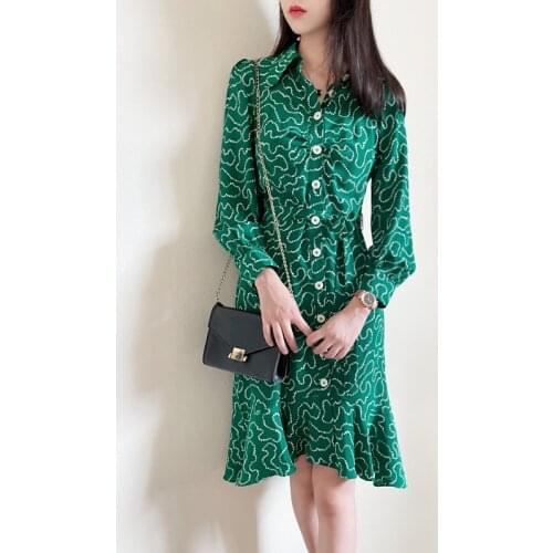Green Full Sleeves Silk Shirt Belted Waist Dress Autumn UK Collections UK8-UK16