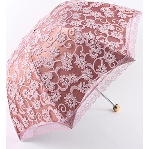 Embroidery Lace Floral Umbrella Ladies Three Folding Sun Rain Umbrella Outdoor Pocket Parasol Female Dual-use Umbrellas
