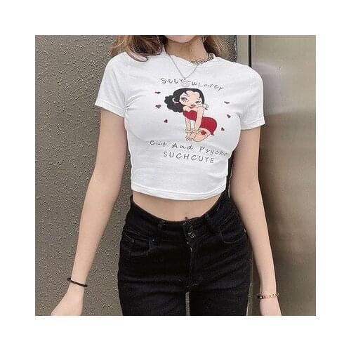 Womans Summer Cropped Top Cartoon Letter Print O-neck Slim Sexy Color Contrast T-shirt Harajuku Short-sleeved Pullover Top Tee