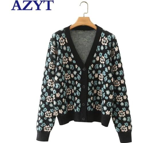 AZYT Vintage v neck Floral print knit cardigan female 2021 autumn loose long sleeve sweater womens jacket casual pull femme