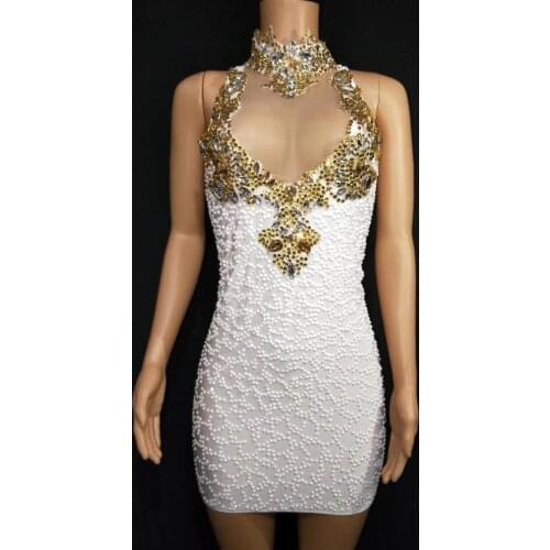 Women Sparkly Gold White Rhinestones Sleeveless Short Dress Birthday Celebrate Prom Party Night Outfit Singer Stage Wear Dress