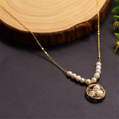 Natural Freshwater Pearl Necklace Beads Round Geometric Pendant Necklaces For Women Wedding Party Choker Bib Collar Chain Gifts