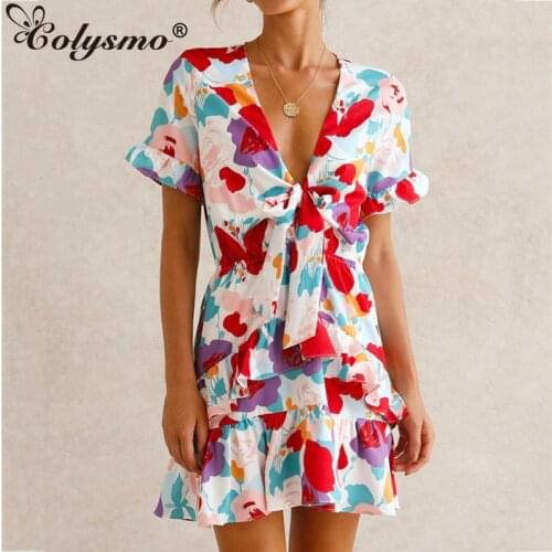 Colysmo Short Sleeve Print Dress Cut out Bow Tie up V Neck Ruffles A Line High Waist Chic Mini Dress Summer Dress for Women 2021