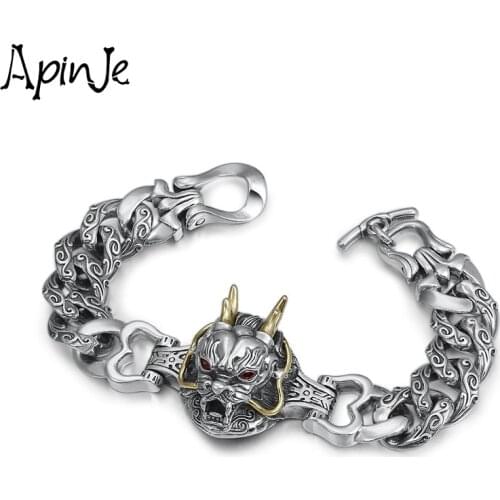 Apinje Vintage 925 Sterling Silver Bracelet Male Animal Dragon Heavy Bracele Fashion Retro Hip Hop Punk Jewelry