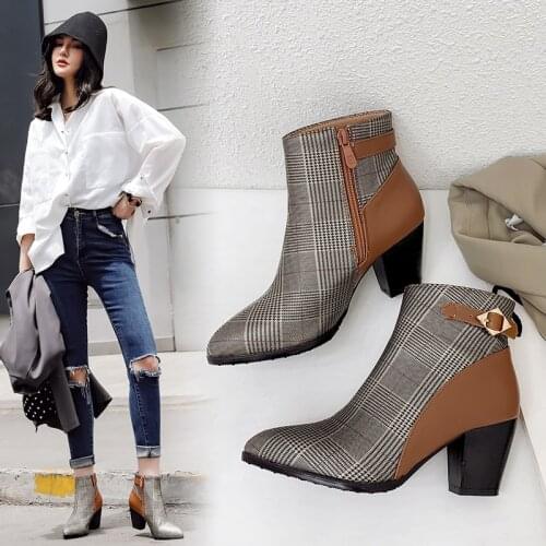 INS women ankle boots plus size 22-28 cm Europe and America Microfiber womens high heel boots plaid Retro winter boots women