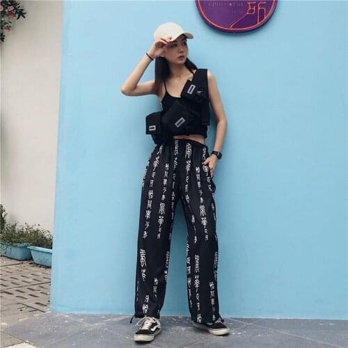 Fashion Chinese Characters Printed Loose Wide Leg Pants Women Elastic Waist Casual Trousers Trend Wild Hip Hop Harajuku Pants