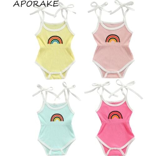 2021 0-24M Kids Baby Girl Romper Rainbow Sleeveless Bandage Tunic Summer Playsuit Outfit Cute Cotton Clothes 4 Colors