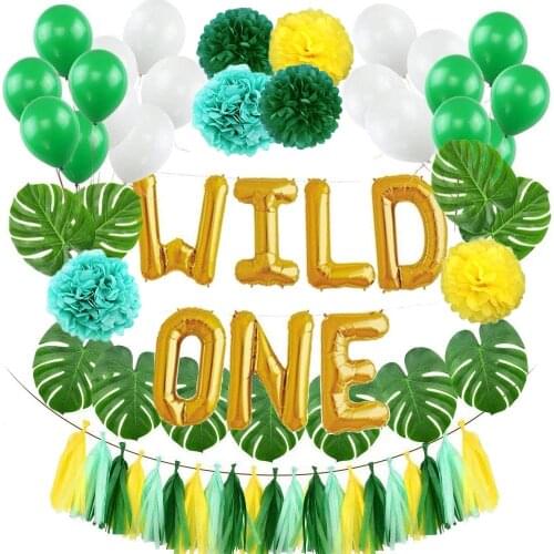 WILD ONE Kids First Birthday Balloons Artificial Tropical Palm Leaves Baby Girl Boy Birthday Jungle Party Decoration Supplies