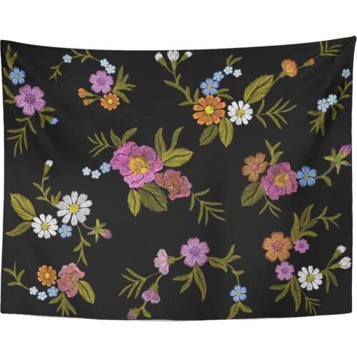 Tapestry Wild of Flowers on Black Imitation Chamomile Forget Me Not Gerber Field Paisley Rose Floral Tapestries Wall Hanging